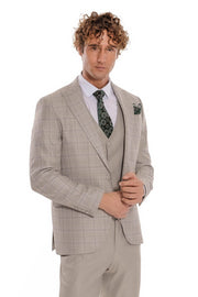 Checked Slim Fit Cream Men Suit - Wessi