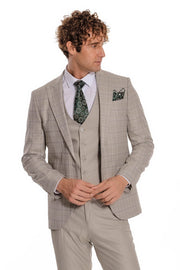 Checked Slim Fit Cream Men Suit - Wessi