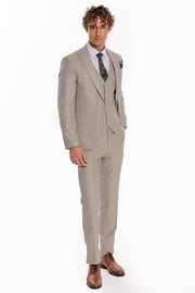 Checked Slim Fit Cream Men Suit - Wessi