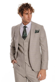 Checked Slim Fit Cream Men Suit - Wessi