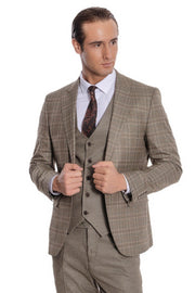 Checked Slim Fit Brown Men Suit - Wessi