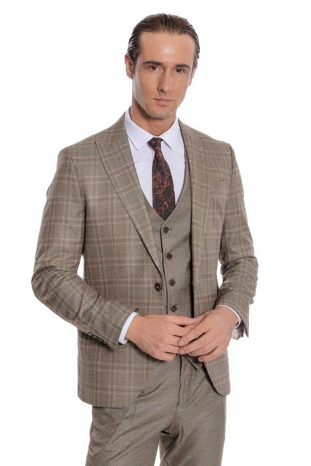 Checked Slim Fit Brown Men Suit - Wessi