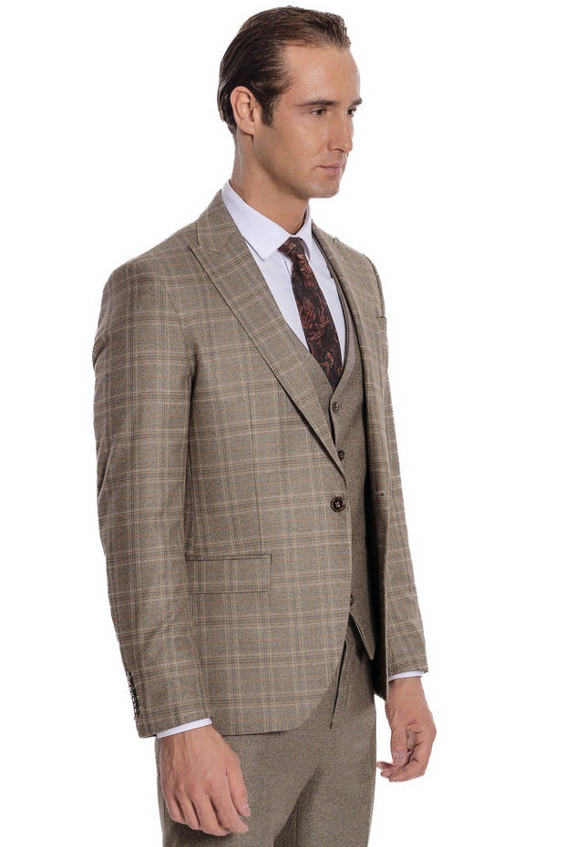 Checked Slim Fit Brown Men Suit - Wessi