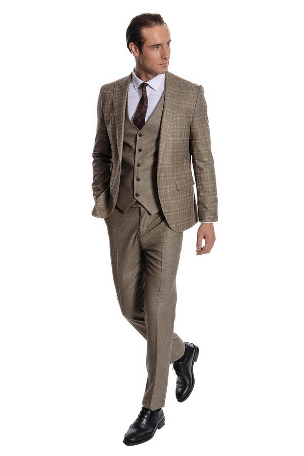 Checked Slim Fit Brown Men Suit - Wessi