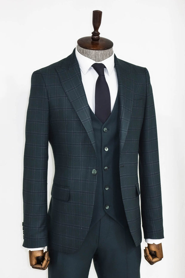 Checked Slim Fit Green Men Suit - Wessi