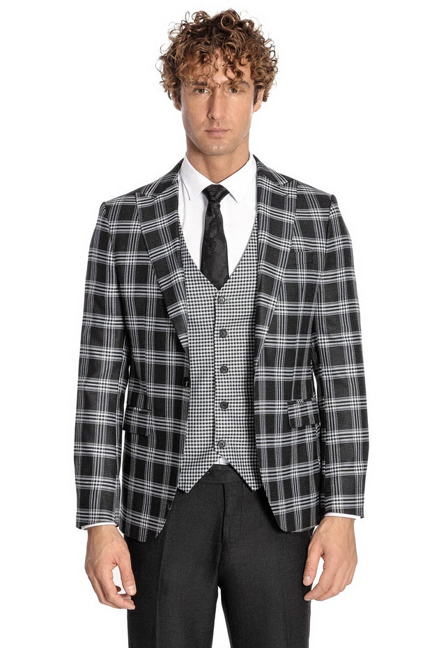 Slim Fit Patterned Checked Black Men Suit - Wessi