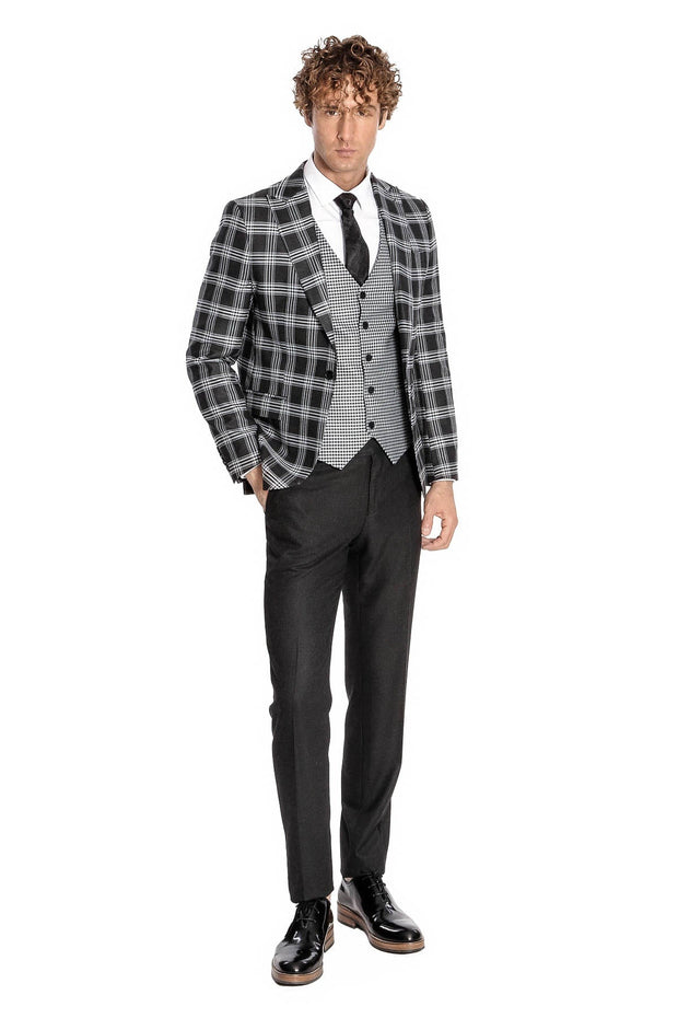 Slim Fit Patterned Checked Black Men Suit - Wessi