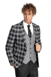 Slim Fit Patterned Checked Black Men Suit - Wessi