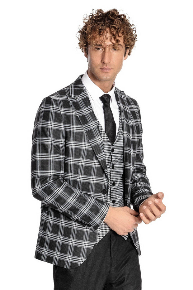 Slim Fit Patterned Checked Black Men Suit - Wessi