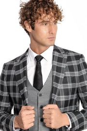 Slim Fit Patterned Checked Black Men Suit - Wessi