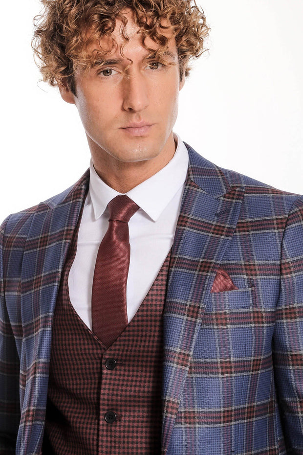 Patterned Checked Slim Fit Blue Men Suit - Wessi