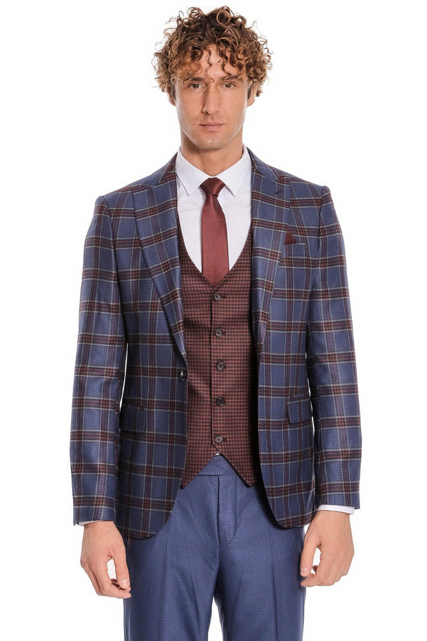 Patterned Checked Slim Fit Blue Men Suit - Wessi