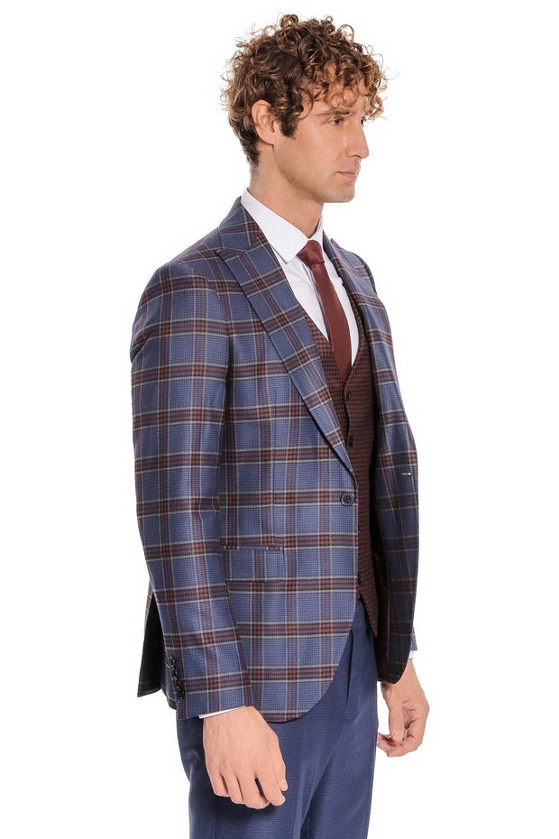 Patterned Checked Slim Fit Blue Men Suit - Wessi