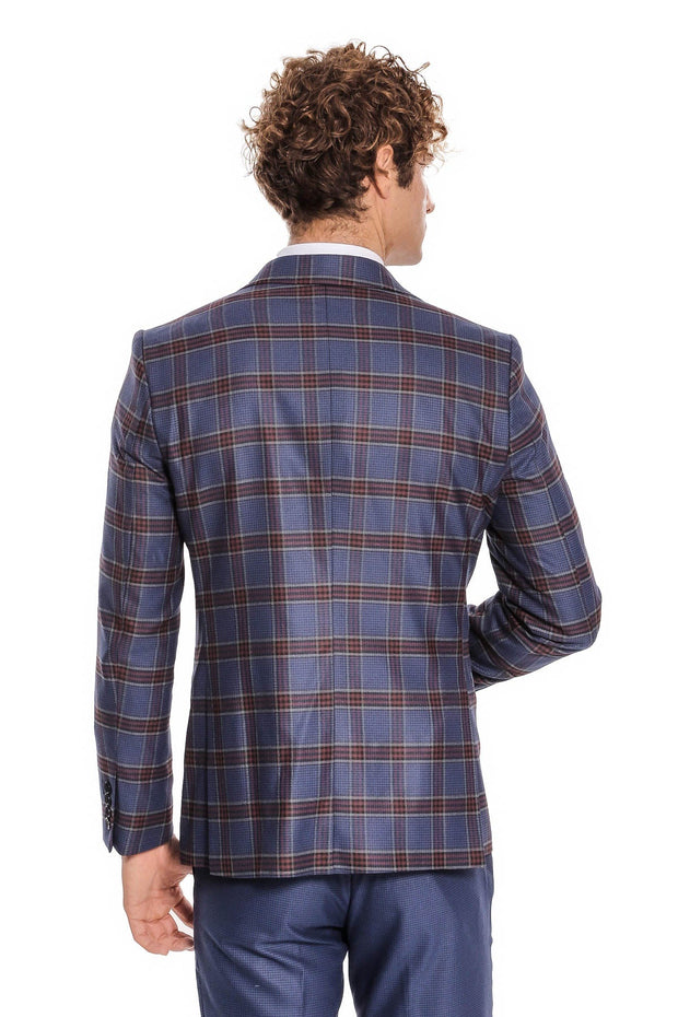 Patterned Checked Slim Fit Blue Men Suit - Wessi