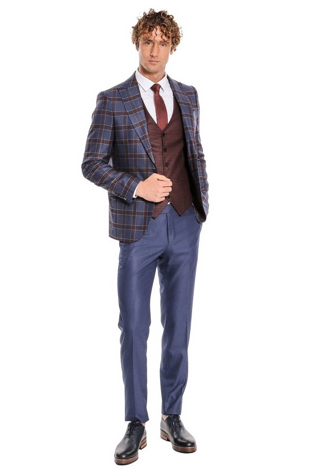 Patterned Checked Slim Fit Blue Men Suit - Wessi