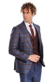 Patterned Checked Slim Fit Blue Men Suit - Wessi