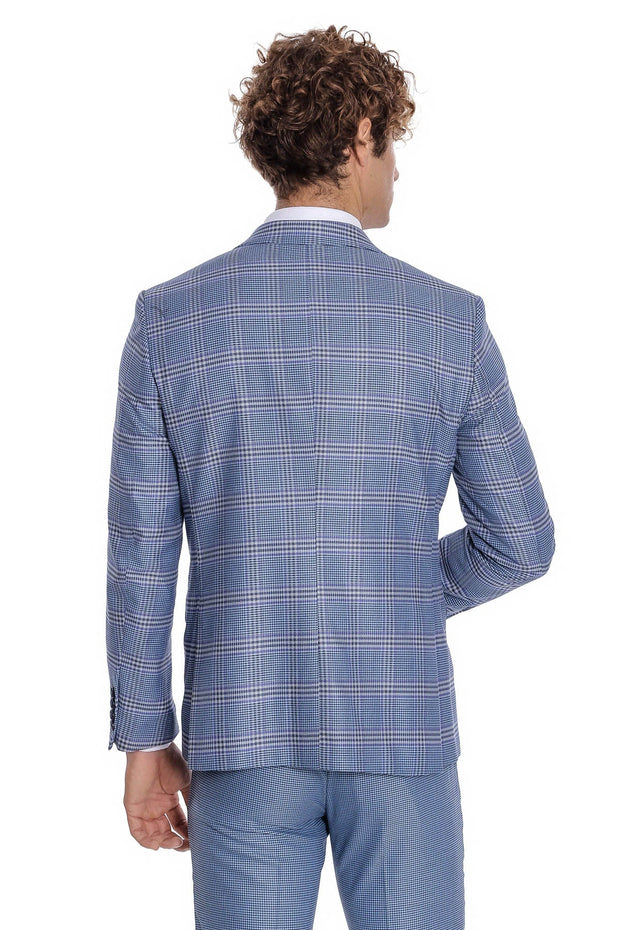 Patterned Checked Slim Fit Blue Men Suit - Wessi