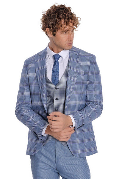 Patterned Checked Slim Fit Blue Men Suit - Wessi