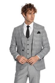 Slim Fit Patterned Checked Grey Men Suit - Wessi