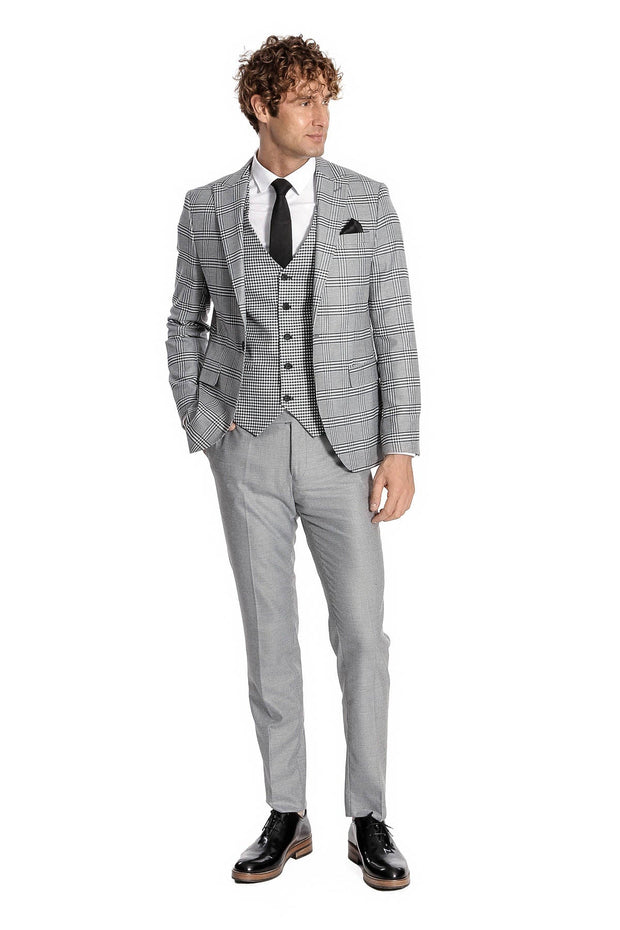 Slim Fit Patterned Checked Grey Men Suit - Wessi