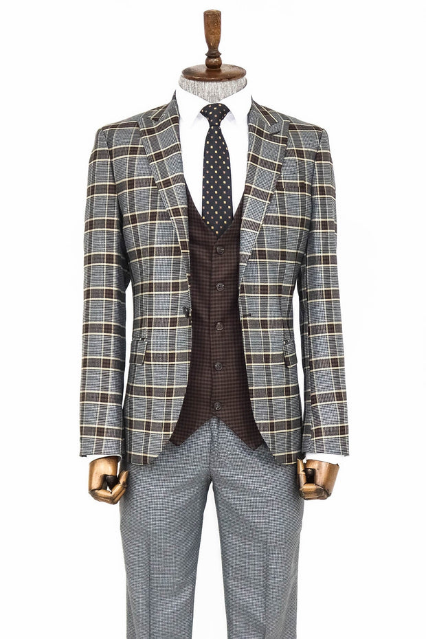 Patterned Checked Slim Fit Anthracite Men Suit - Wessi