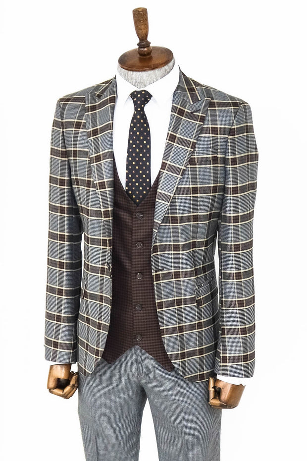 Patterned Checked Slim Fit Anthracite Men Suit - Wessi