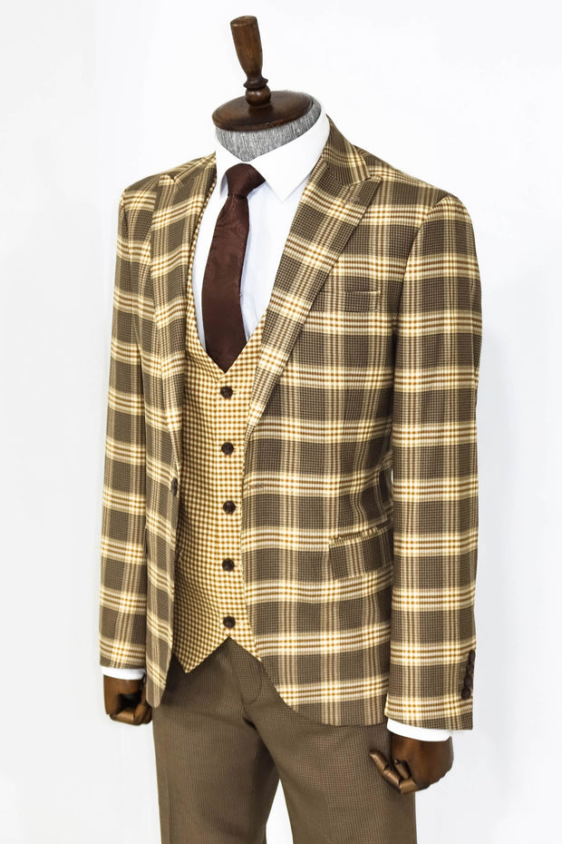 Slim Fit Patterned Checked Light Brown Men Suit - Wessi