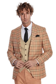 Slim Fit Patterned Checked Orange Men Suit - Wessi