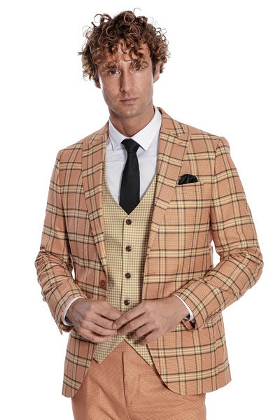 Slim Fit Patterned Checked Orange Men Suit - Wessi