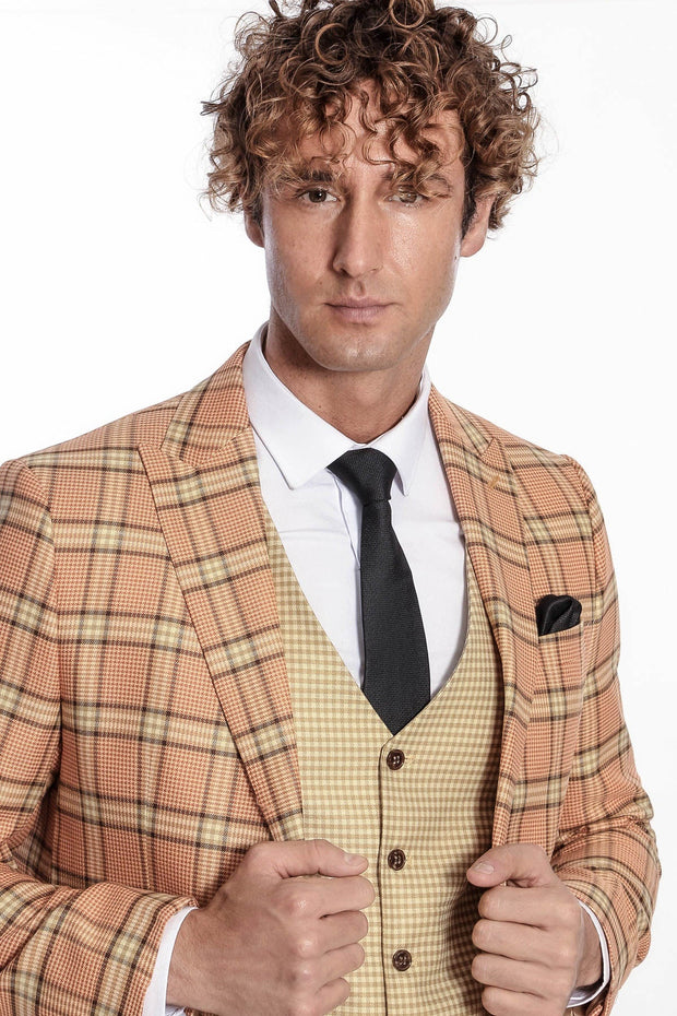 Slim Fit Patterned Checked Orange Men Suit - Wessi