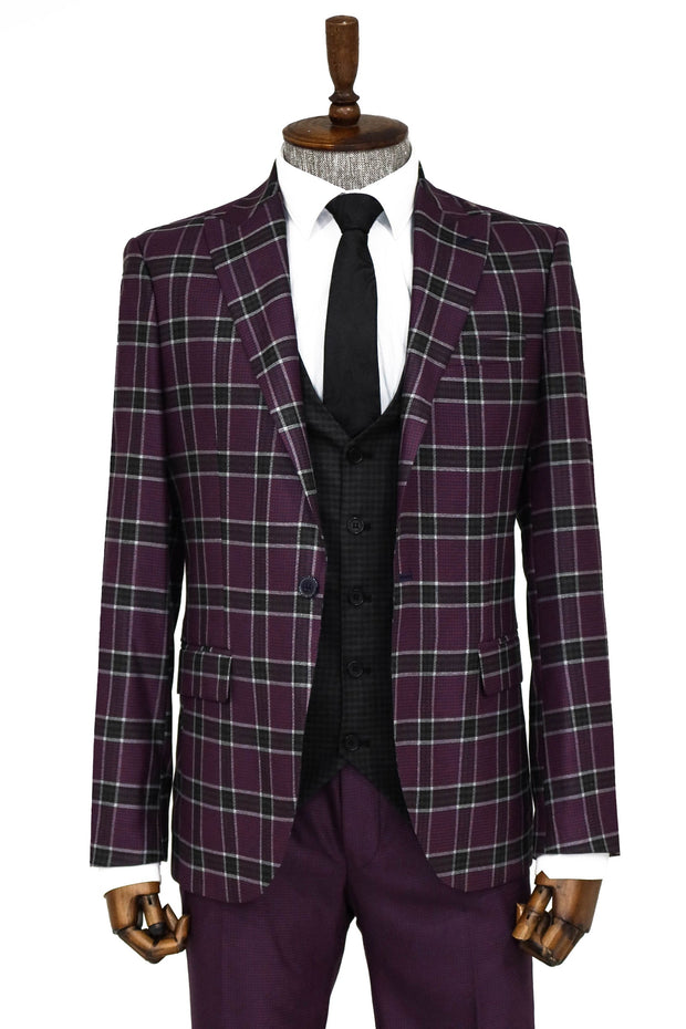 Slim Fit Patterned Checked Burgundy Men Suit - Wessi