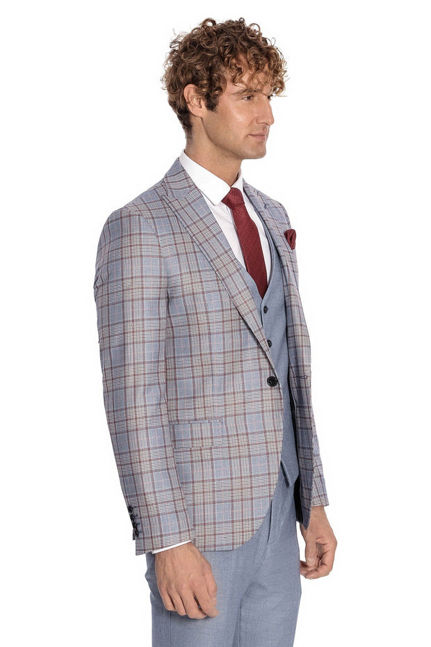 Checked Slim Fit Blue Men Suit - Wessi