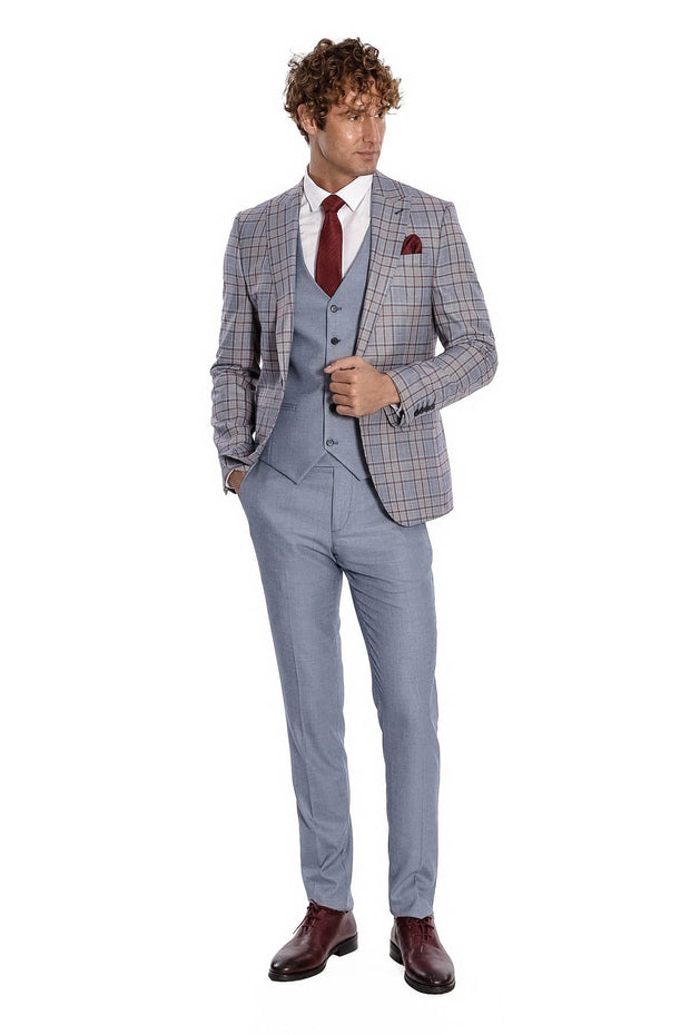 Checked Slim Fit Blue Men Suit - Wessi