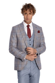 Checked Slim Fit Blue Men Suit - Wessi