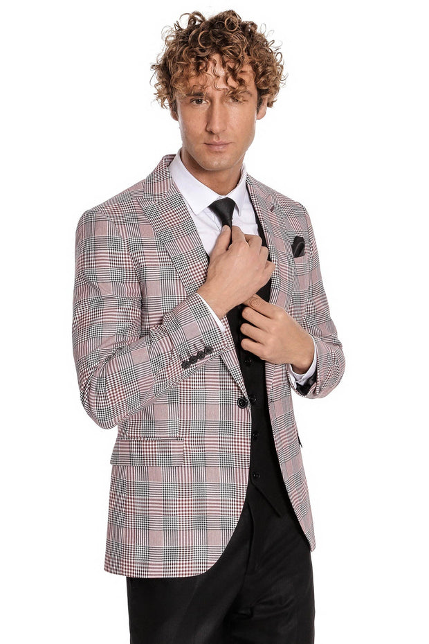 Checked Slim Fit Burgundy Men Suit - Wessi