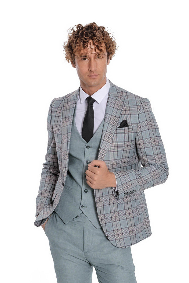 Checked Slim Fit Light Green Men Suit - Wessi