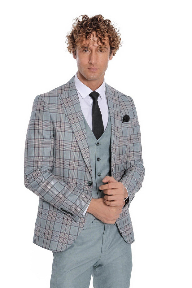 Checked Slim Fit Light Green Men Suit - Wessi