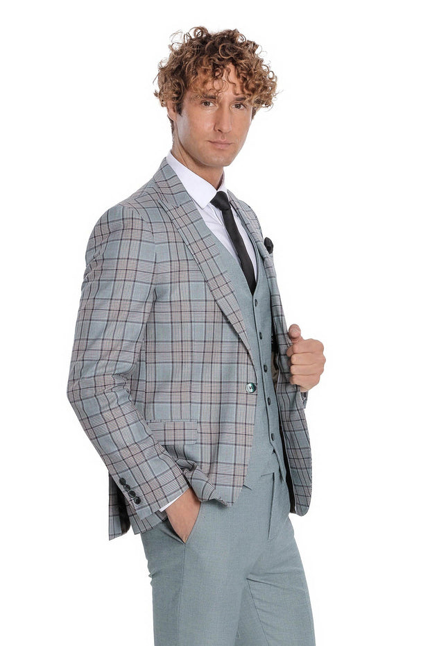 Checked Slim Fit Light Green Men Suit - Wessi