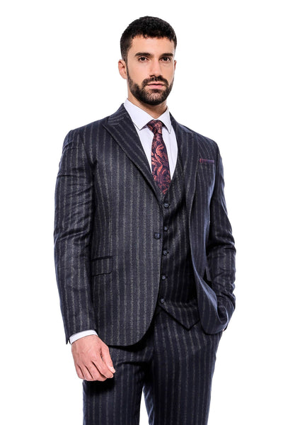 Navy Blue Striped Men's Vested Slim-Fit Suit - Wessi