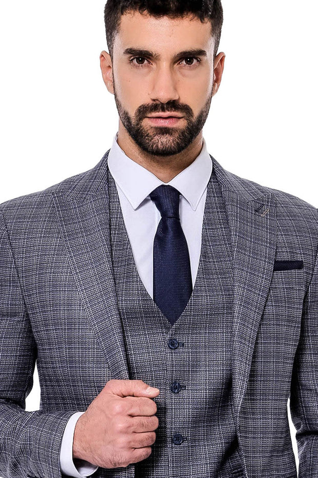 Patterned Vested Slim-Fit Navy Blue Men Suit - Wessi