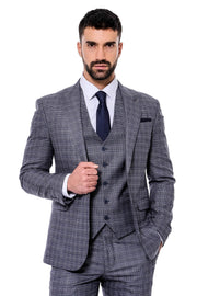 Patterned Vested Slim-Fit Navy Blue Men Suit - Wessi