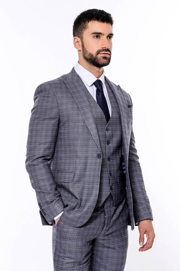 Patterned Vested Slim-Fit Navy Blue Men Suit - Wessi