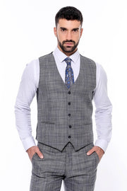 Patterned Vested Slim-Fit Dark Grey Men’s Suit - Wessi