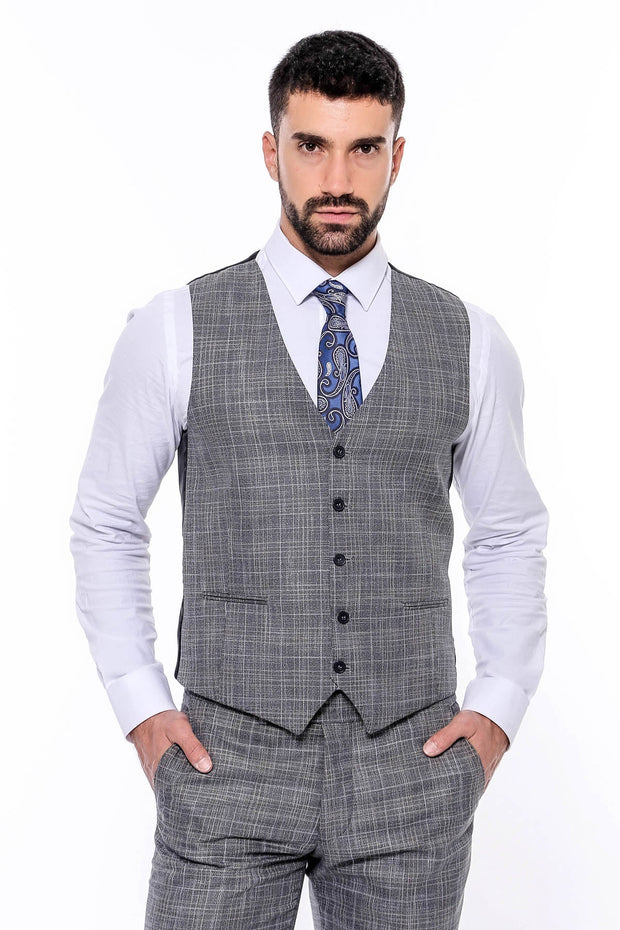 Patterned Vested Slim-Fit Dark Grey Men’s Suit - Wessi