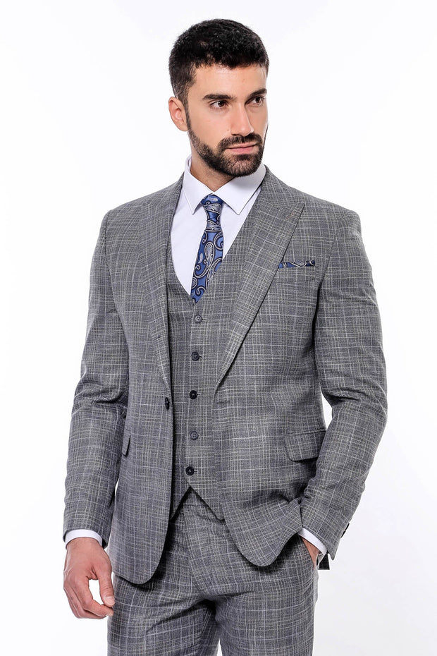 Patterned Vested Slim-Fit Dark Grey Men’s Suit - Wessi