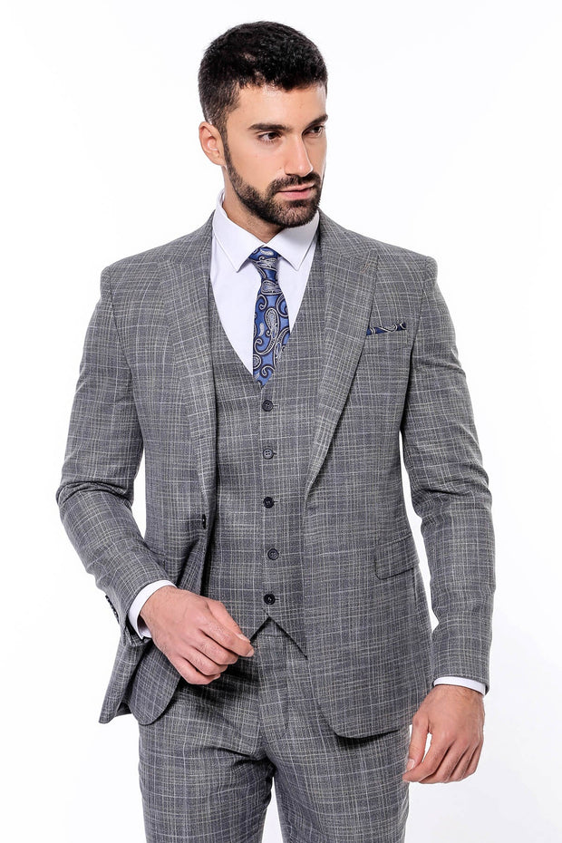 Patterned Vested Slim-Fit Dark Grey Men’s Suit - Wessi