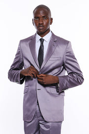 Two Piece Two Buttons Modeled Lapel Satin Grey Men Groom Suit