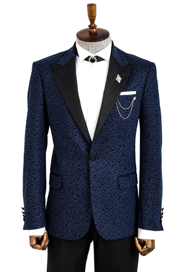 Shiny Dot Patterned Navy Blue Men Prom Blazer - Wessi