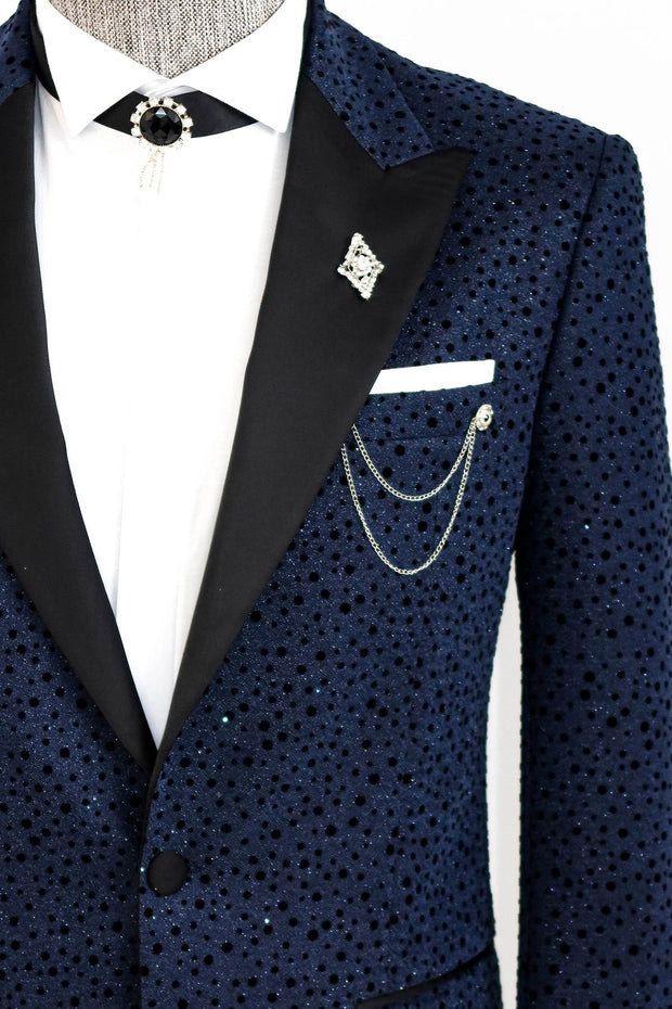 Shiny Dot Patterned Navy Blue Men Prom Blazer - Wessi