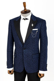 Shiny Dot Patterned Navy Blue Men Prom Blazer - Wessi